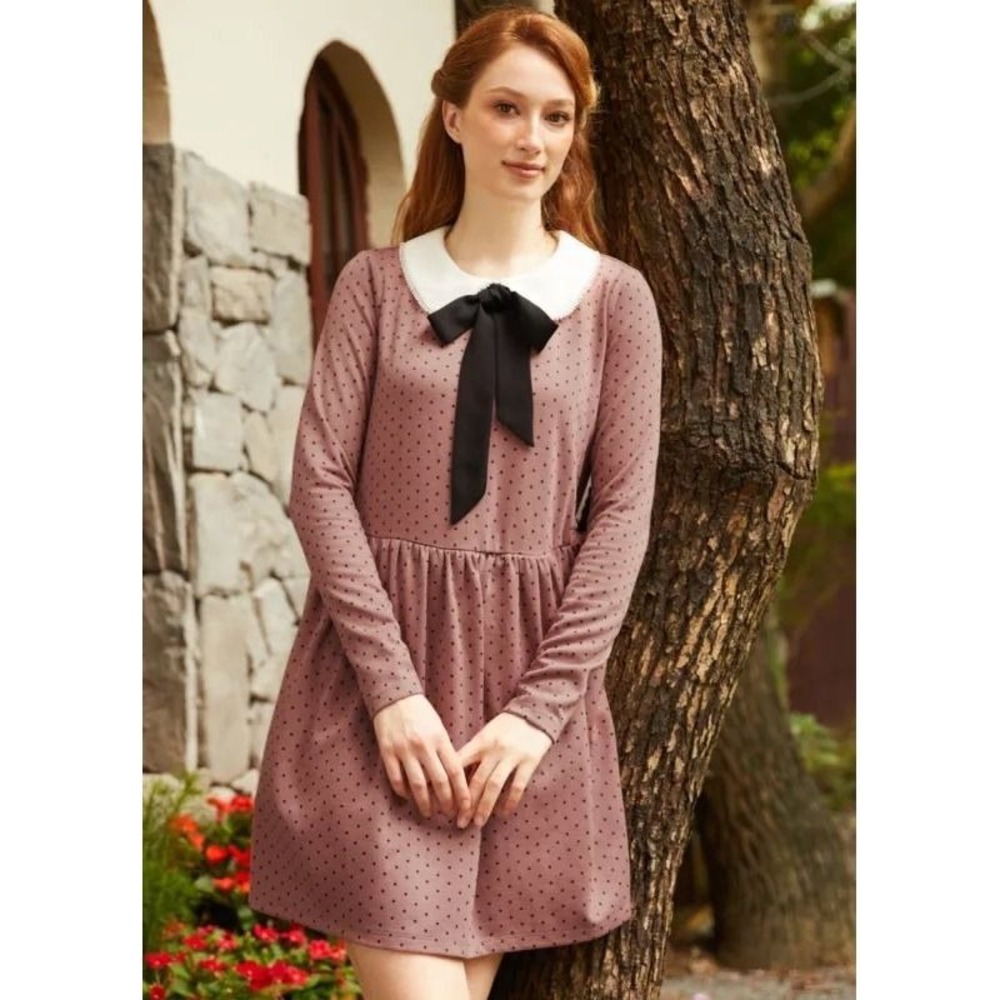 1X 35 ModCloth Peter Pan Collar Polka Dot Dress Pink Long Sleeve Bow Tie +size